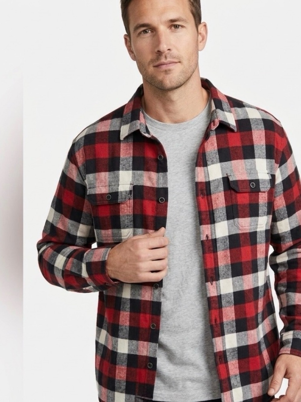 Jachs Mens XL Shirt Jacket Red Black Plaid Long Sleeve Button Up Flannel